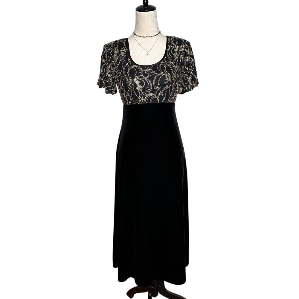 Vtg 90s Black Velvet Maxi Dress 4P | Gold Metallic Empire Waist Formal Goth Glam